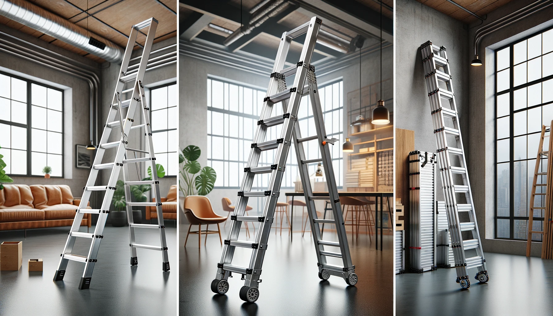 Dall·e 2024 05 07 23.35.10 Three Images Showcasing Aluminum Ladders In Different Settings. First Image A Lightweight Aluminum Step Ladder Used In A Modern Home Setting, Elegant