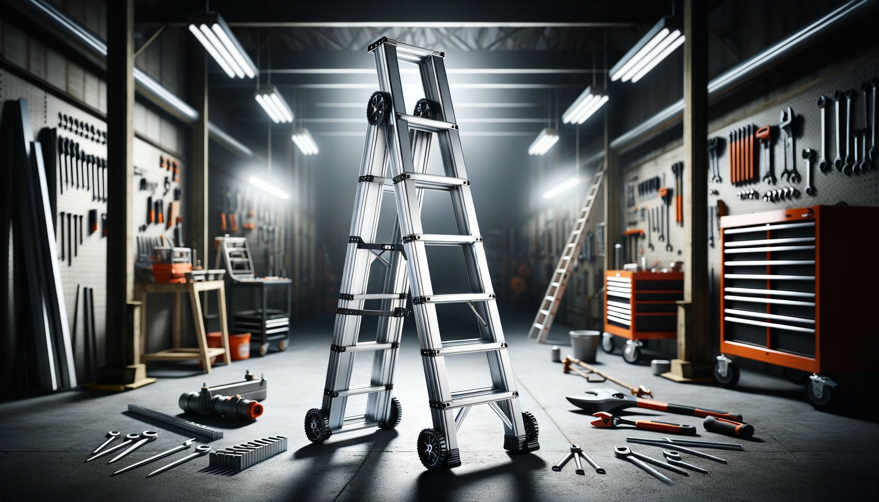 Dall·e 2024 05 07 23.36.59 A Single Image Showcasing A Versatile Aluminum Ladder In A Professional Setting. The Ladder Should Be An Extension Model, Prominently Displayed In An